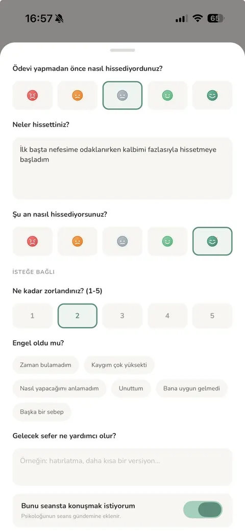 Resorim ödev tamamlama ekranı: öncesi/sonrası ruh hali, zorluk derecesi ve engel seçenekleri
